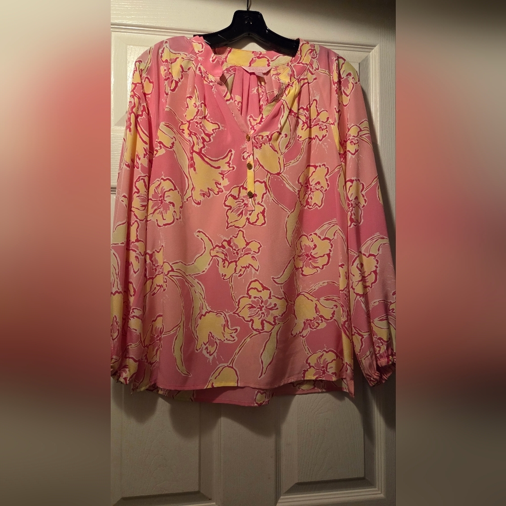 Lilly Pulitzer Pink and Yellow SILK Floral Blouse S